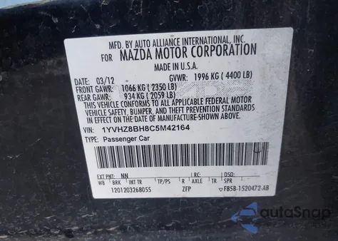 2012 Mazda Mazda6 I Sport z USA, uszkodzony, nr VIN 1YVHZ8BH8C5M42164